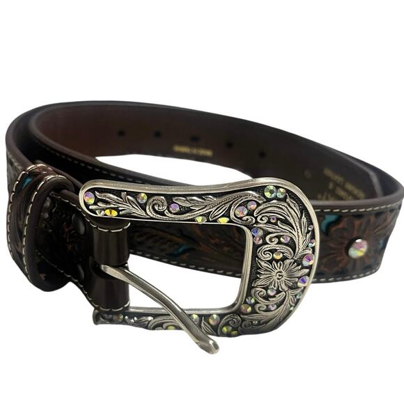 ARIAT WOMEN\'S BROWN TOOLED WITH TURQUOISE INLAY AND SILVER BUCKLE LEATHER BELT S main image 4